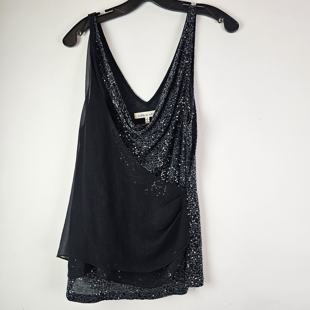 Robbi & Nikki Black Sequin Tank Top Chiffon Overlay Small Party Evening Dressy